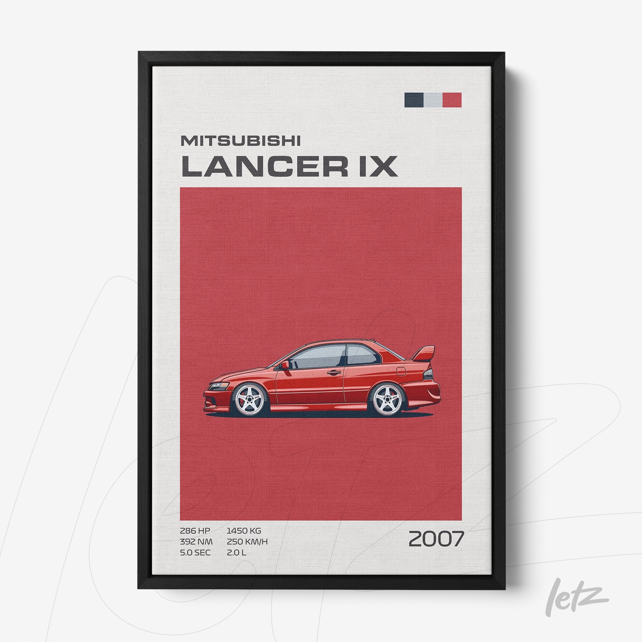framed wall art featuring Mitsubishi Lancer IX illustration on red background with black frame