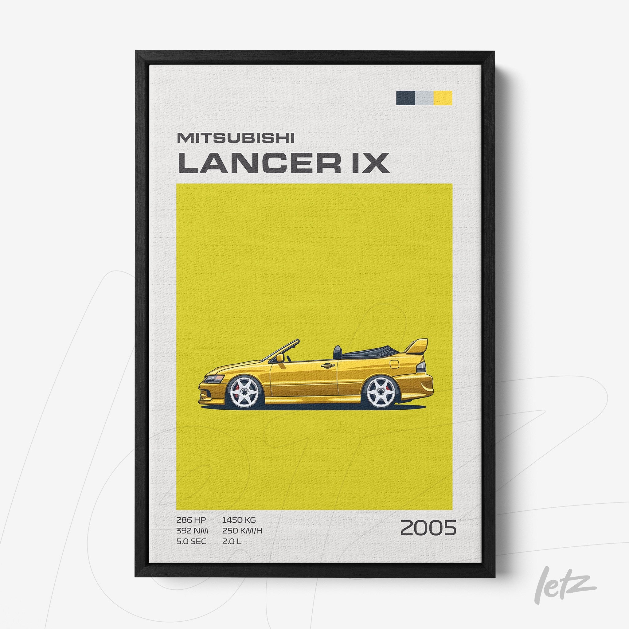 graphic art print of Mitsubishi Lancer IX sports car on vibrant yellow background with black frame