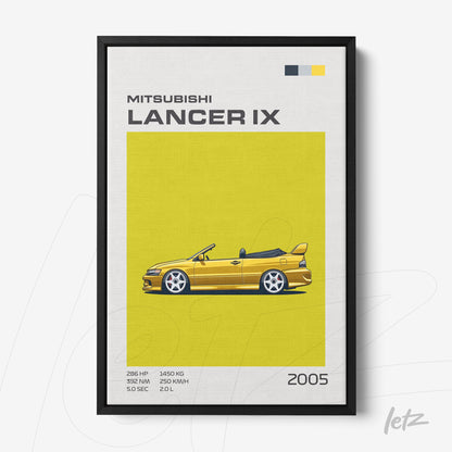 graphic art print of Mitsubishi Lancer IX sports car on vibrant yellow background with black frame