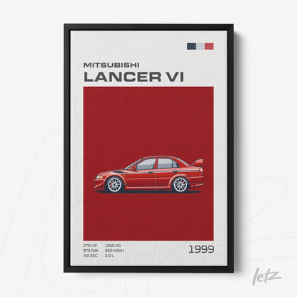 framed wall art of the Mitsubishi Lancer VI car with a solid red background and black frame