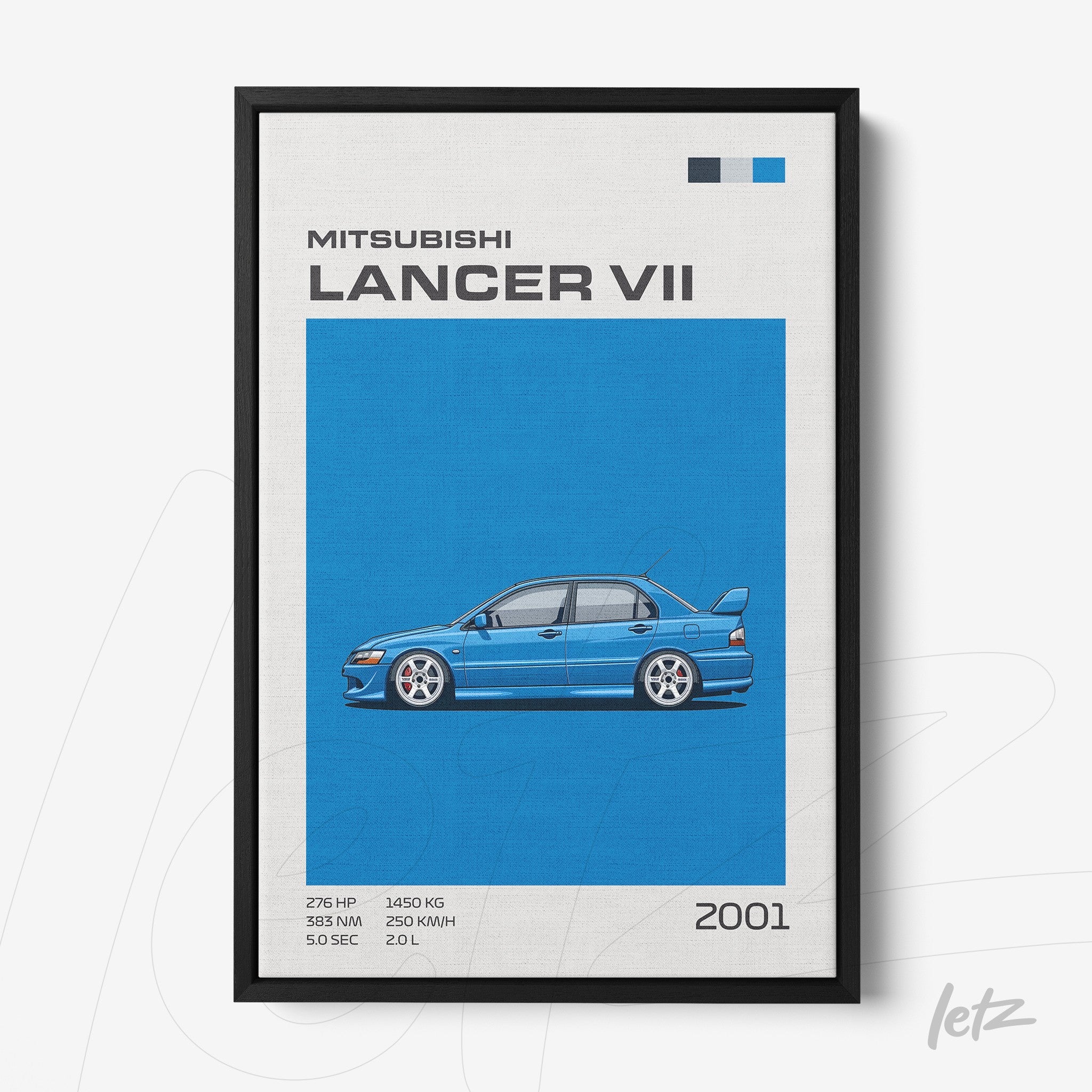 framed art print featuring the Mitsubishi Lancer VII in blue background with black frame