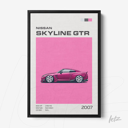 framed wall art of Nissan Skyline GTR sports car on pink background with black frame
