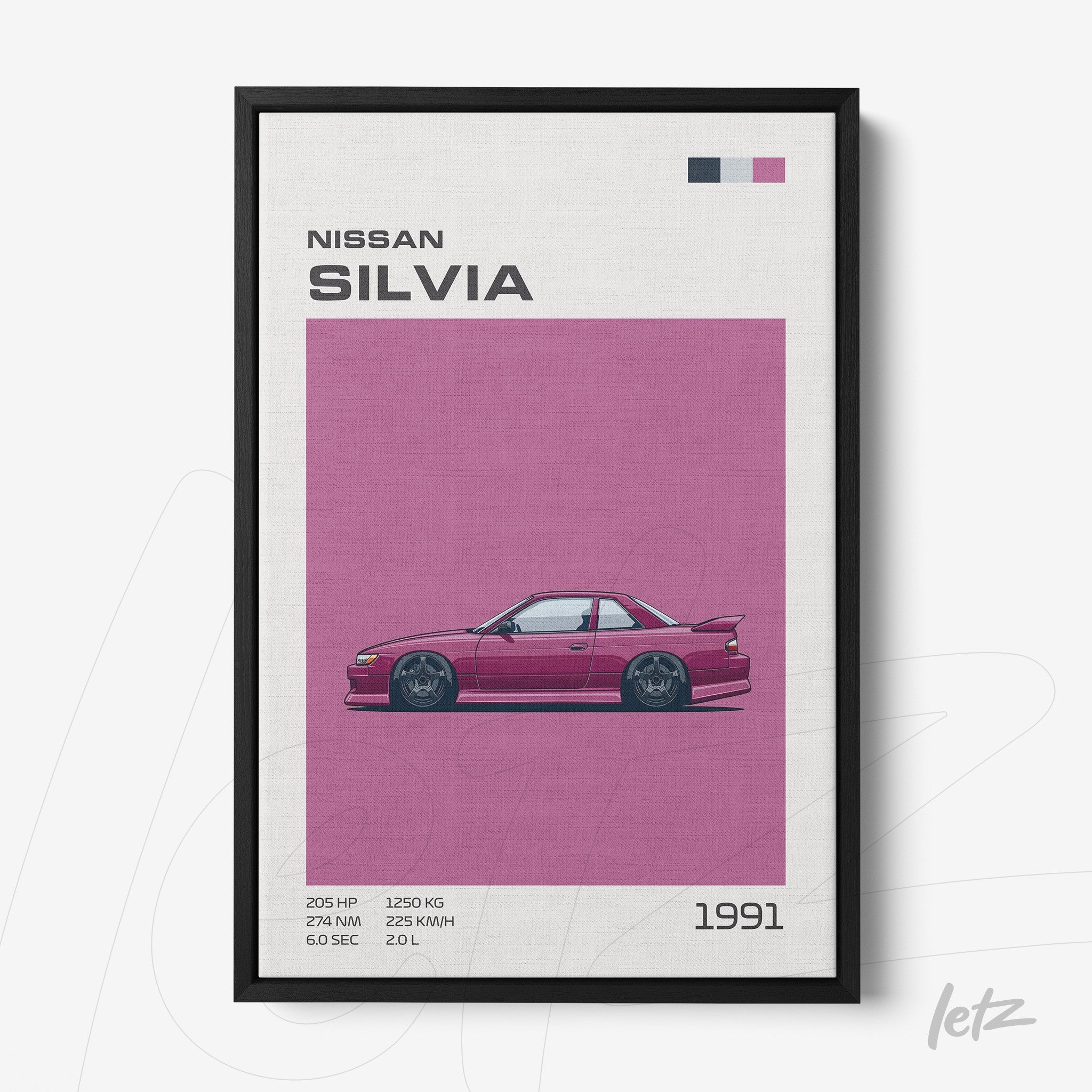 framed wall art featuring a digital illustration of Nissan Silvia on pink background with black frame