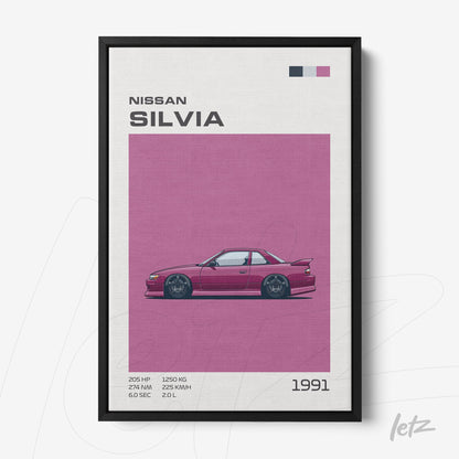 framed wall art featuring a digital illustration of Nissan Silvia on pink background with black frame