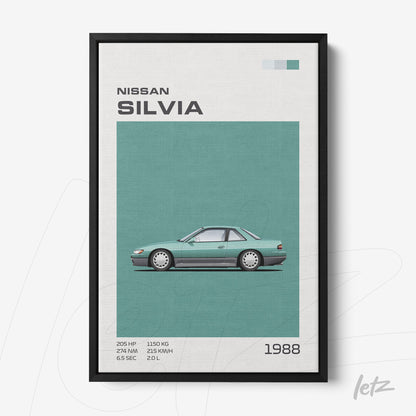 framed graphic art of the 1988 Nissan Silvia on a blue background with a black frame