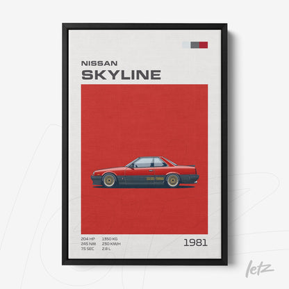 framed artwork featuring a 1981 Nissan Skyline car illustration on a red background with white and black accents