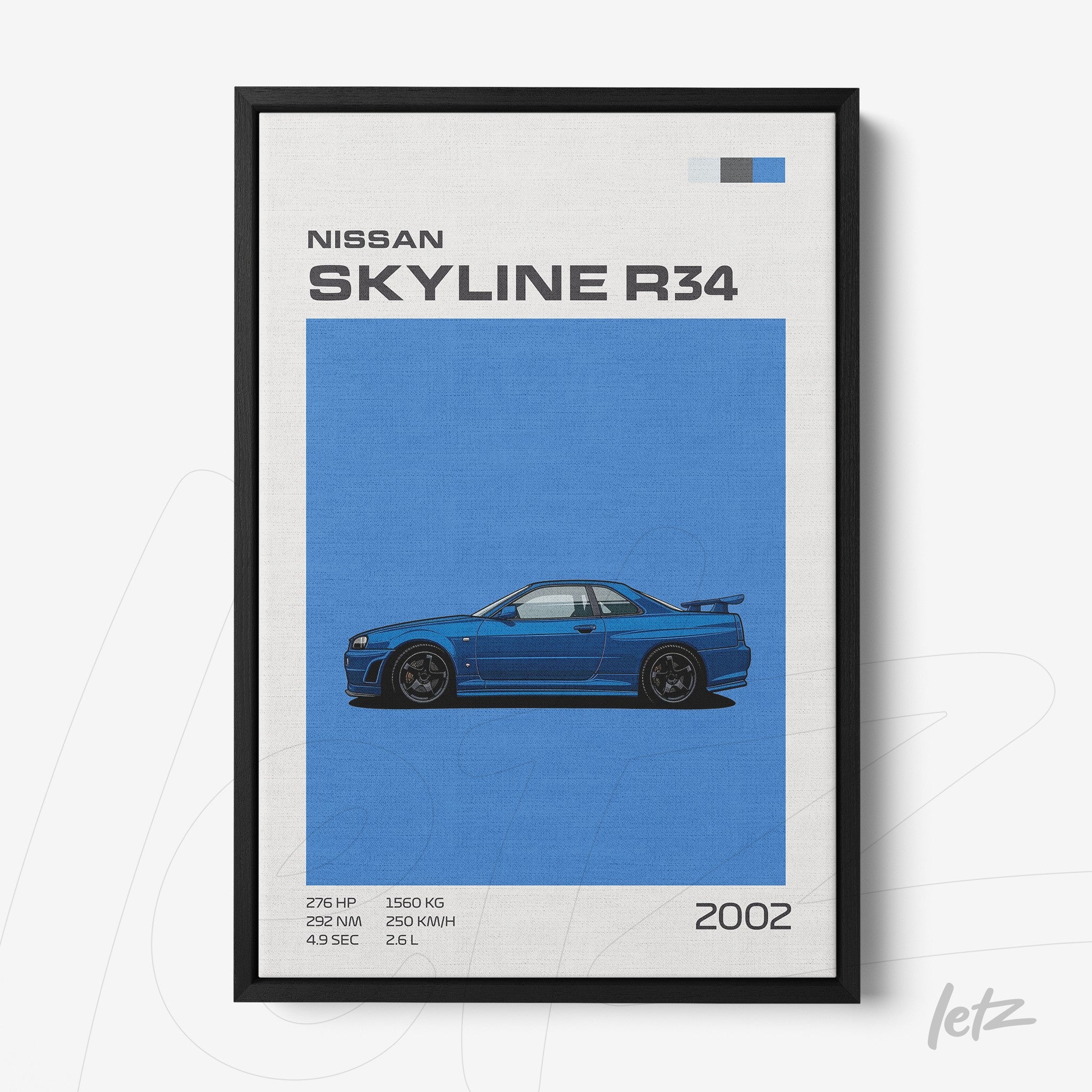framed wall art featuring the nissan skyline r34 car in a black frame, light background with technical specifications