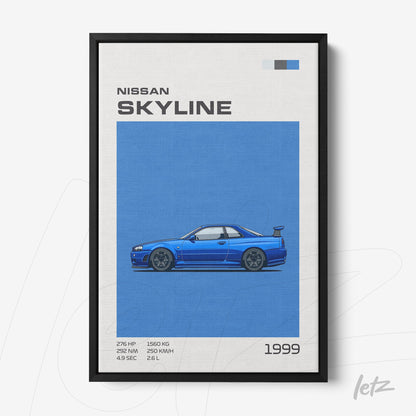 framed digital art of the 1999 Nissan Skyline with a light background and black frame