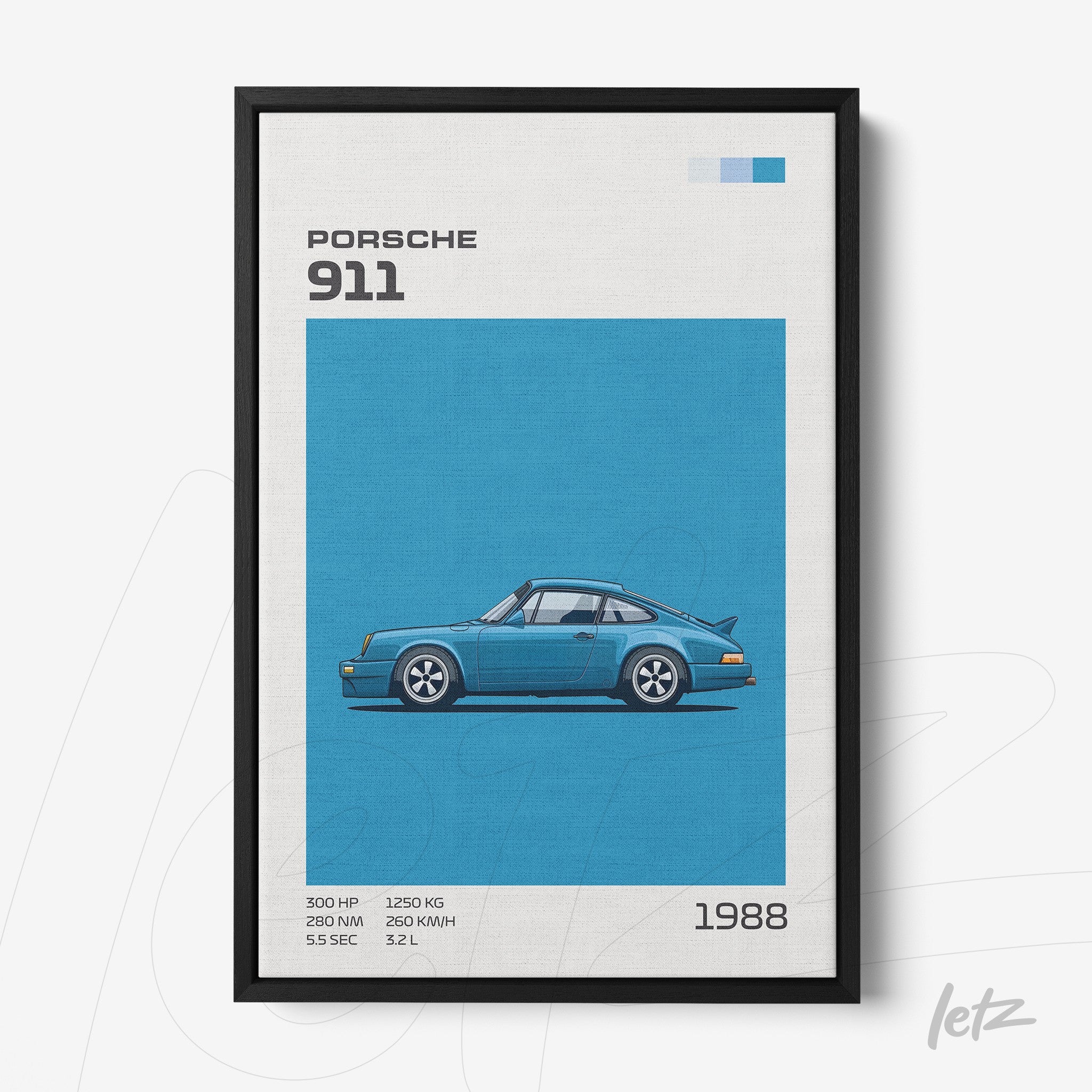 framed wall art featuring a stylized illustration of a 1988 Porsche 911 with a black frame, vibrant blue background and technical details alongside