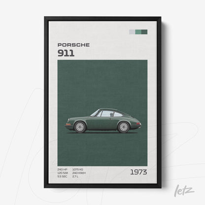 framed wall art featuring a minimalist illustration of a 1973 Porsche 911 in a black frame
