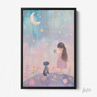 framed artwork depicting a girl and a dog gazing at the moon with a starry background and colorful flowers