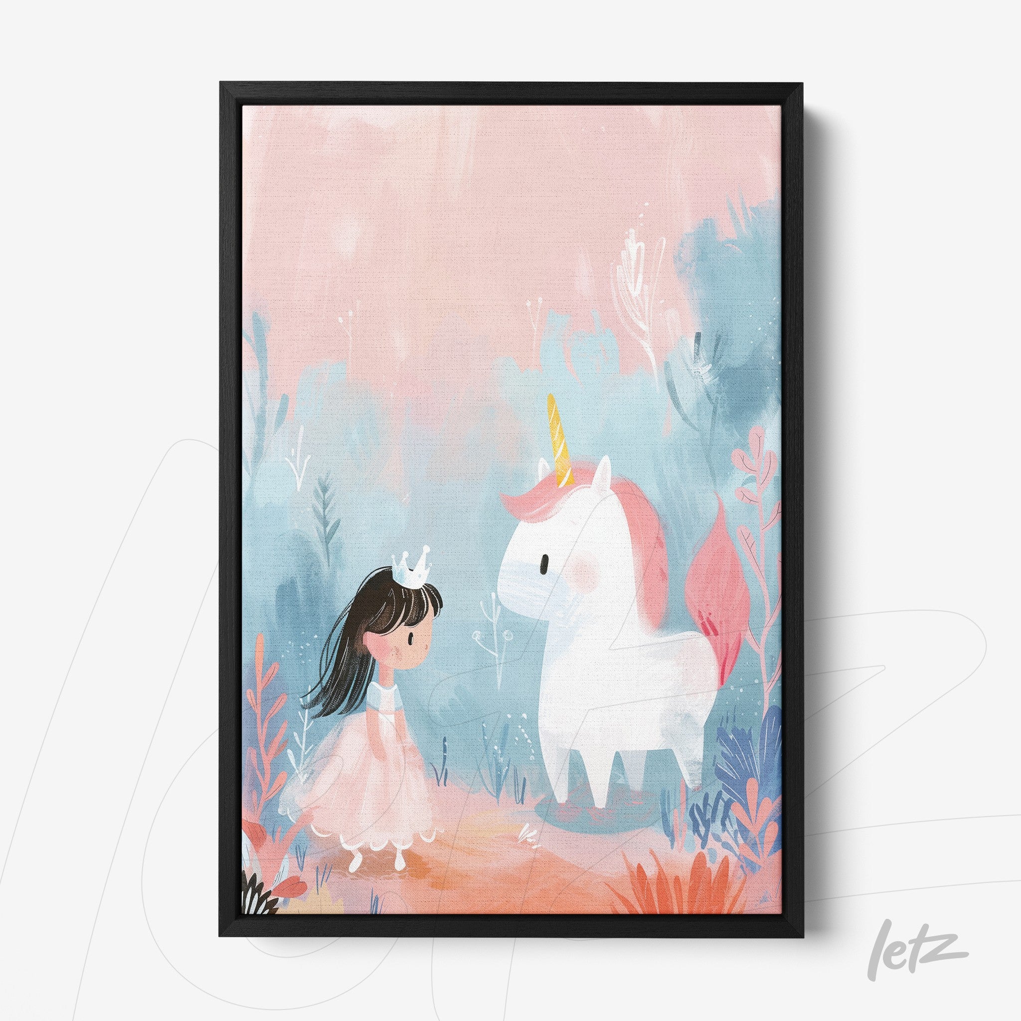 framed children's artwork of a girl wearing a crown interacting with a unicorn in a gentle backdrop of pink and blue hues