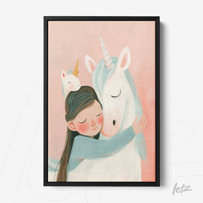 framed artwork featuring a child hugging a unicorn against a pink background with a black frame