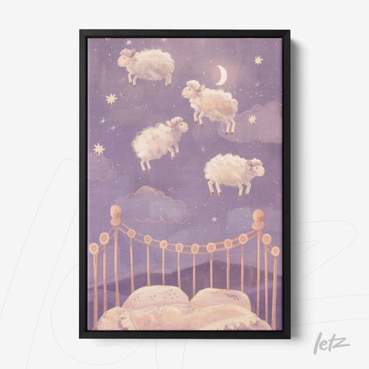 framed artwork featuring floating sheep in a starry sky above a bed with light bedding
