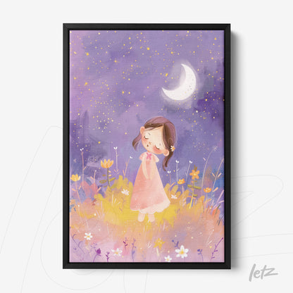 framed art featuring a gentle illustration of a girl in a pink dress under a starry sky with a crescent moon