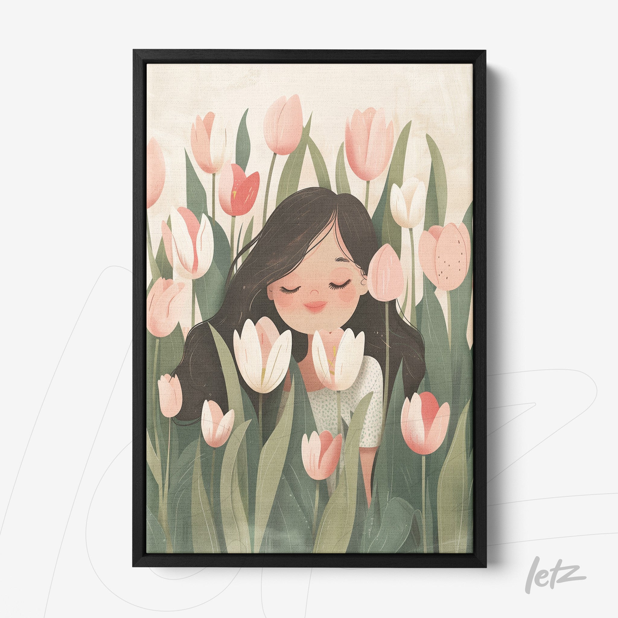framed artwork of a smiling woman among tulip flowers in soft tones