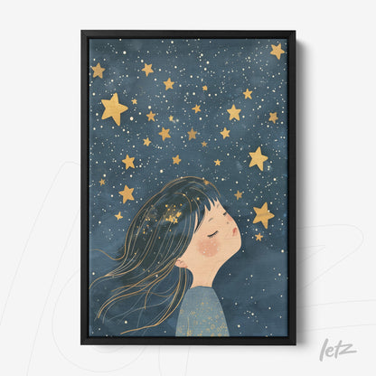 framed artwork of a dreamy girl surrounded by golden stars on a deep blue background