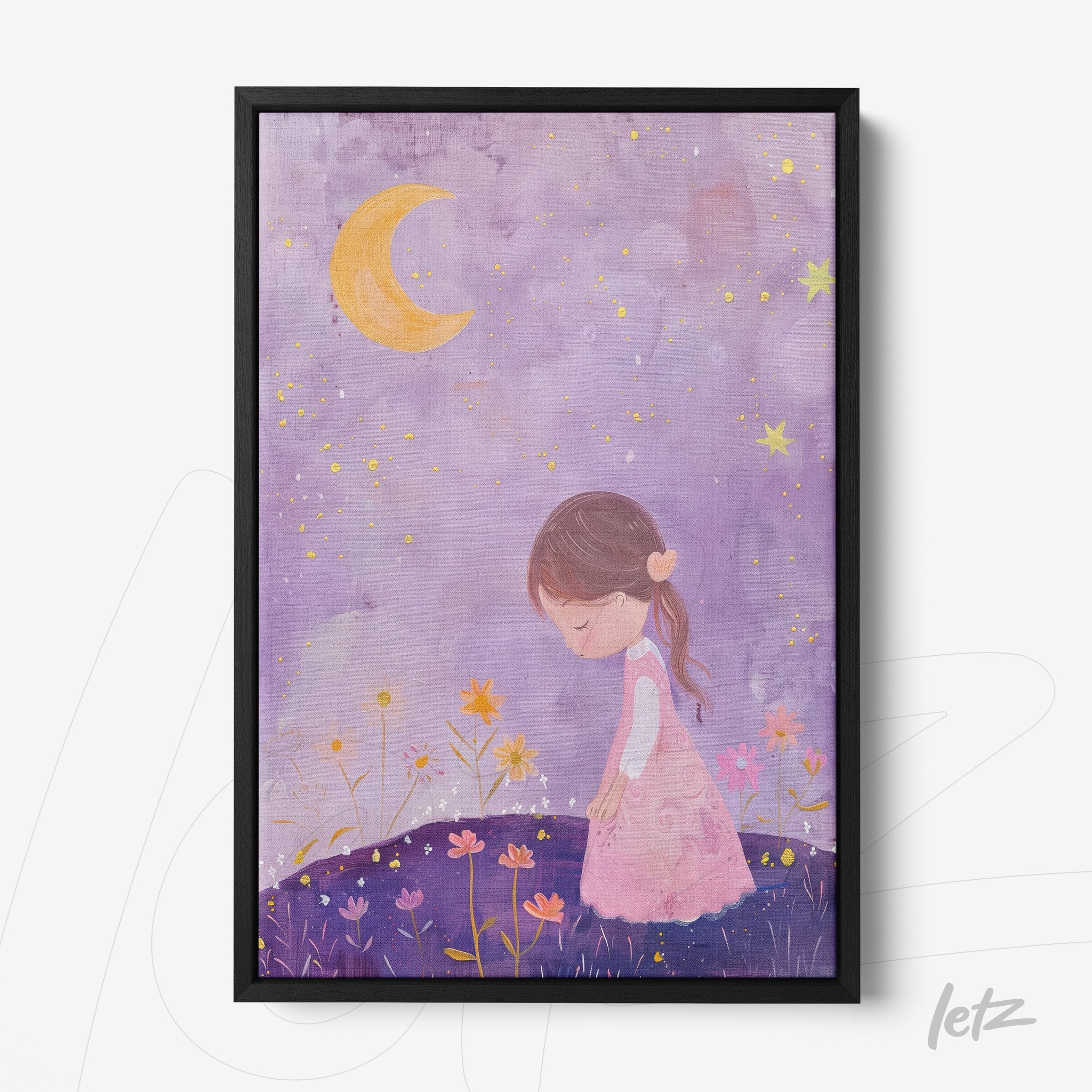 framed children's art featuring a girl in a pink dress surrounded by flowers and a crescent moon on a purple background