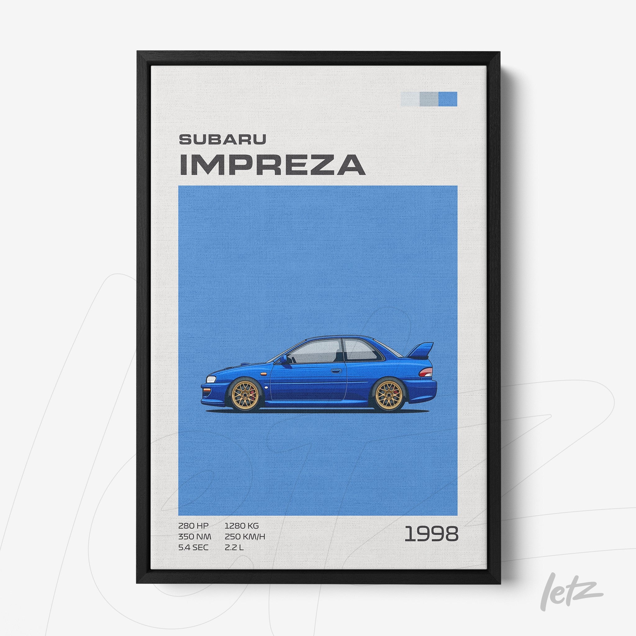 framed wall art featuring a blue Subaru Impreza car illustration on a neutral background with black frame