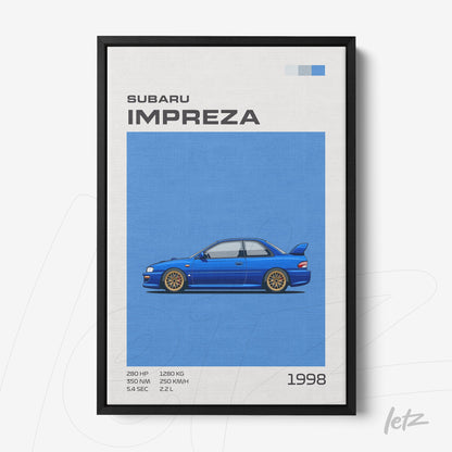 framed wall art featuring a blue Subaru Impreza car illustration on a neutral background with black frame