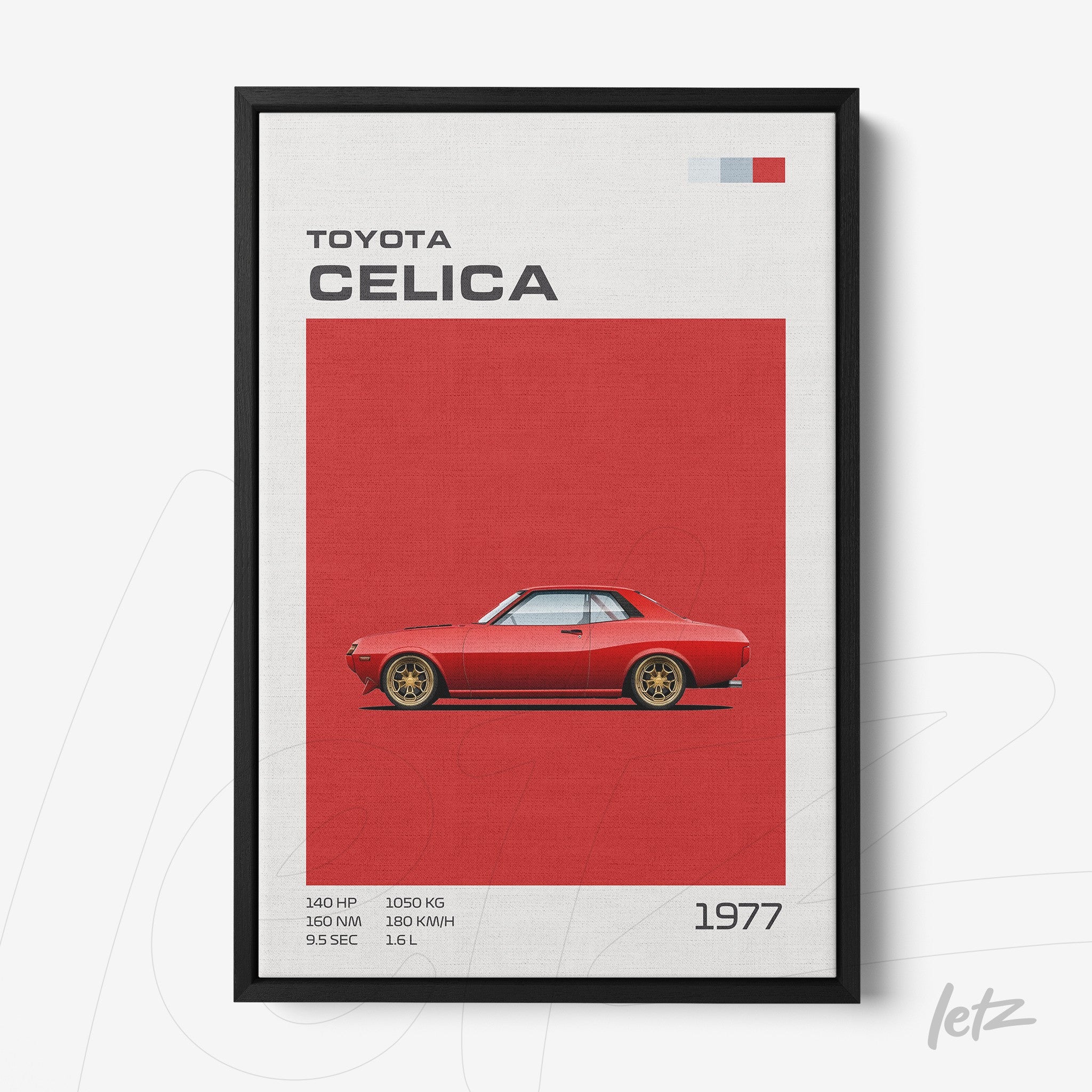 framed digital art of 1977 Toyota Celica on red background with black frame