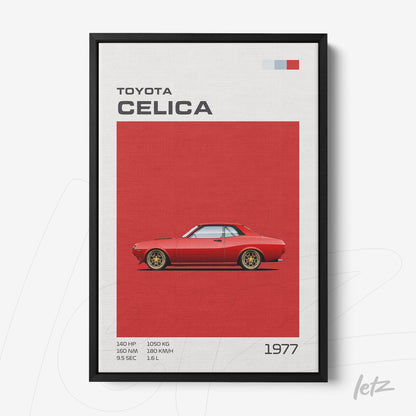framed digital art of 1977 Toyota Celica on red background with black frame