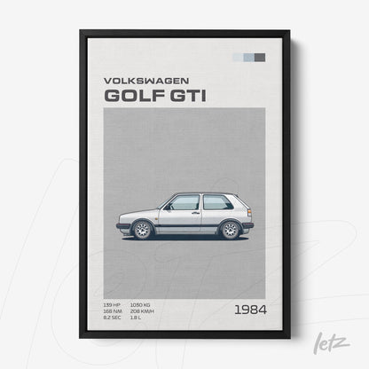 framed wall art featuring a minimalist illustration of a 1984 Volkswagen Golf GTI in a sleek black frame