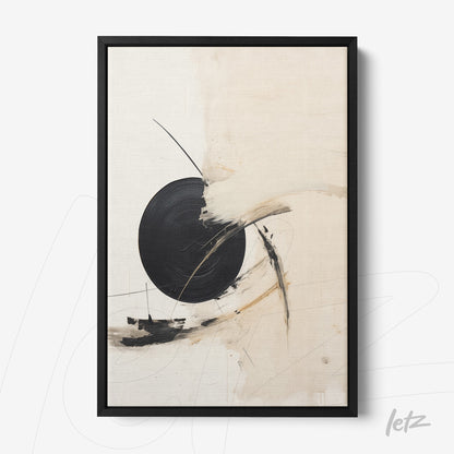 framed abstract wall art in neutral tones featuring a large black circle