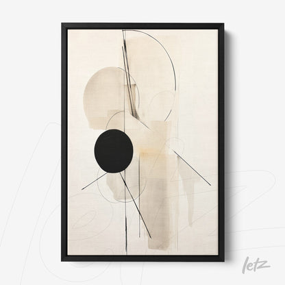 framed abstract artwork in neutral tones featuring geometric shapes with a thin black frame