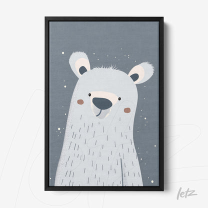 framed children's wall art with cute polar bear illustration on a gray background with black frame