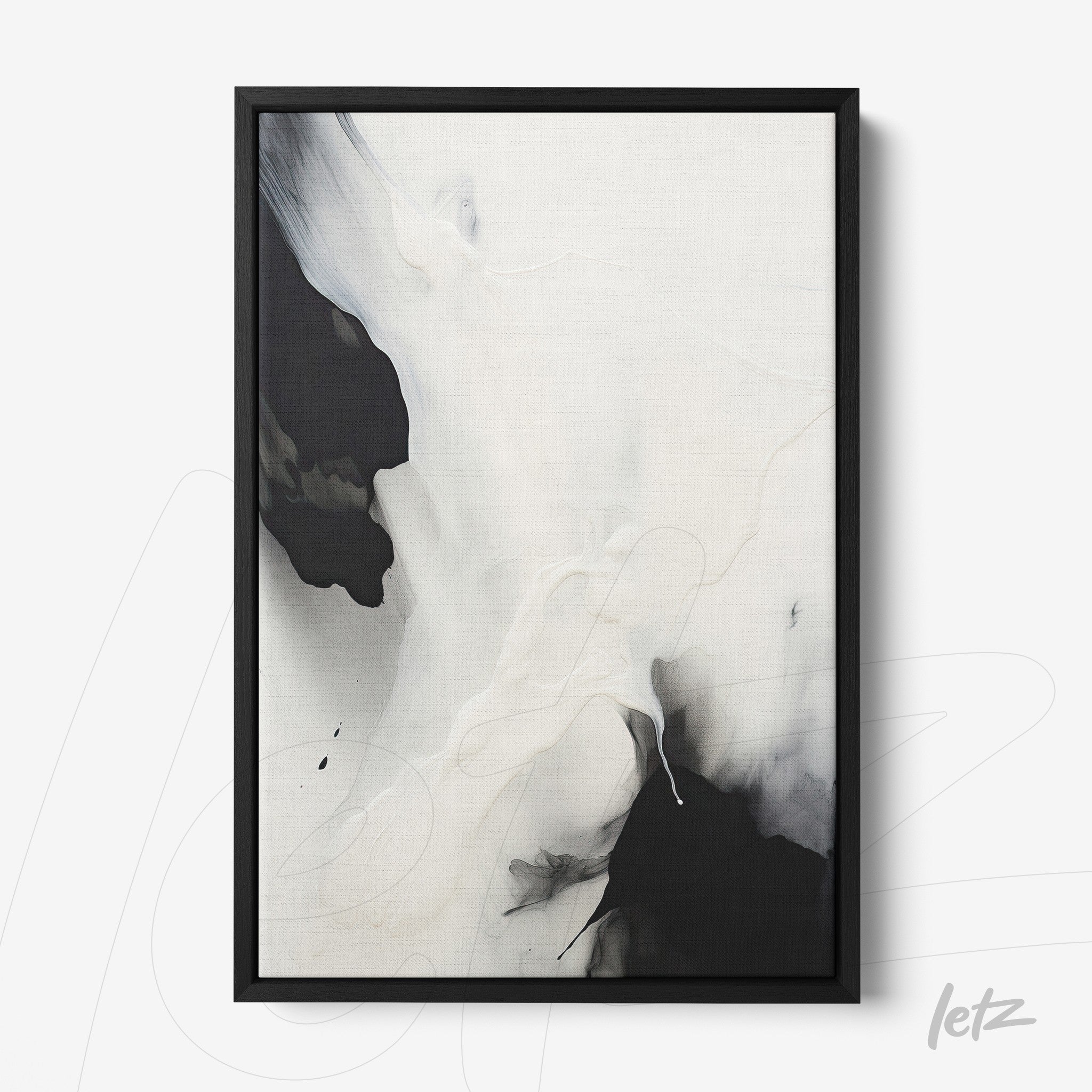 framed abstract art in black and white with a thin black frame