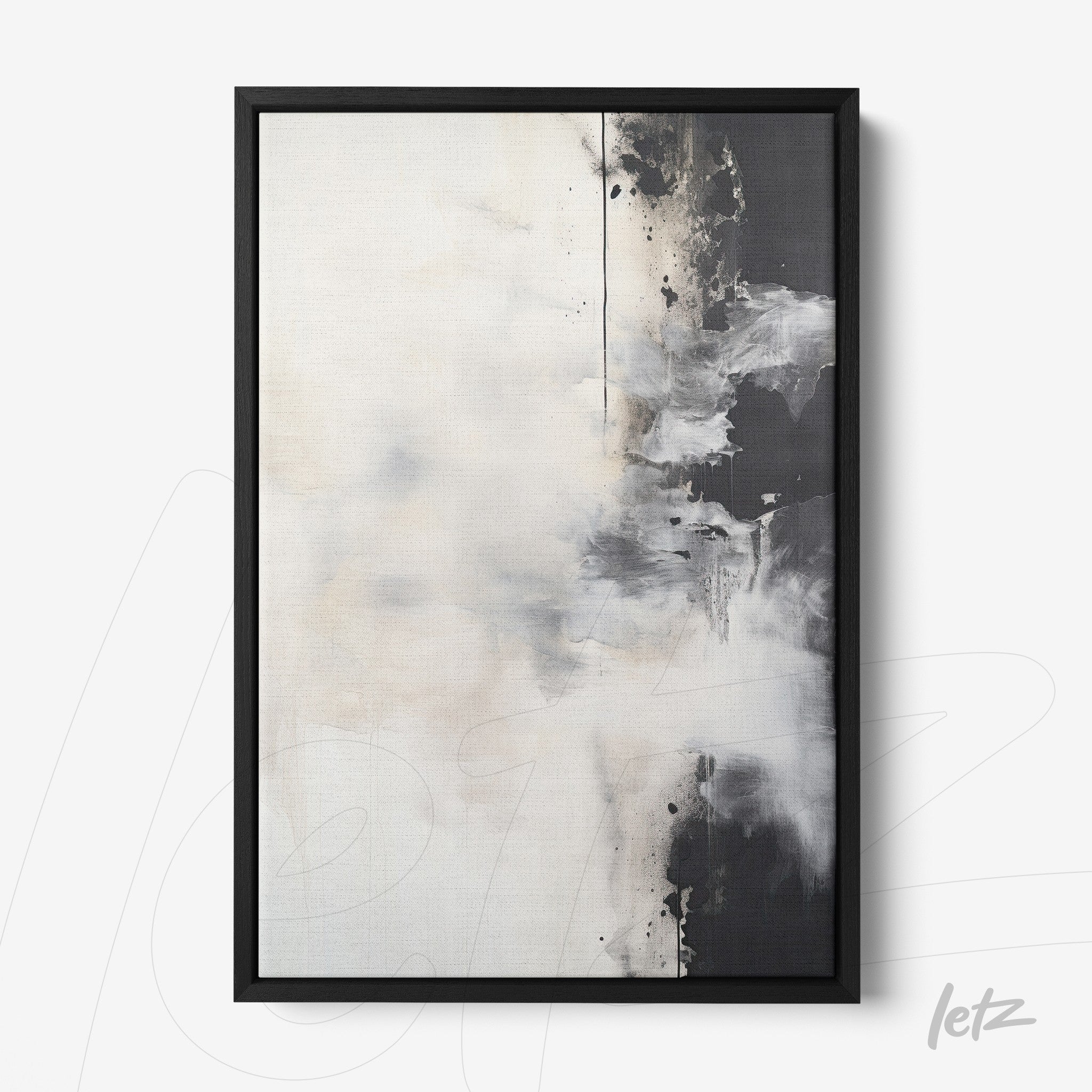 abstract wall art in neutral tones with soft texture in black frame