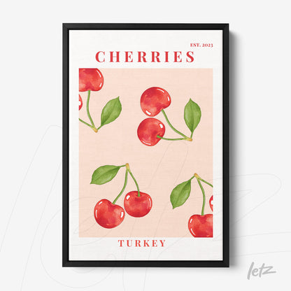 decorative wall art featuring red cherries illustration on pink background with black frame and 'Cherries Turkey EST. 2023' text
