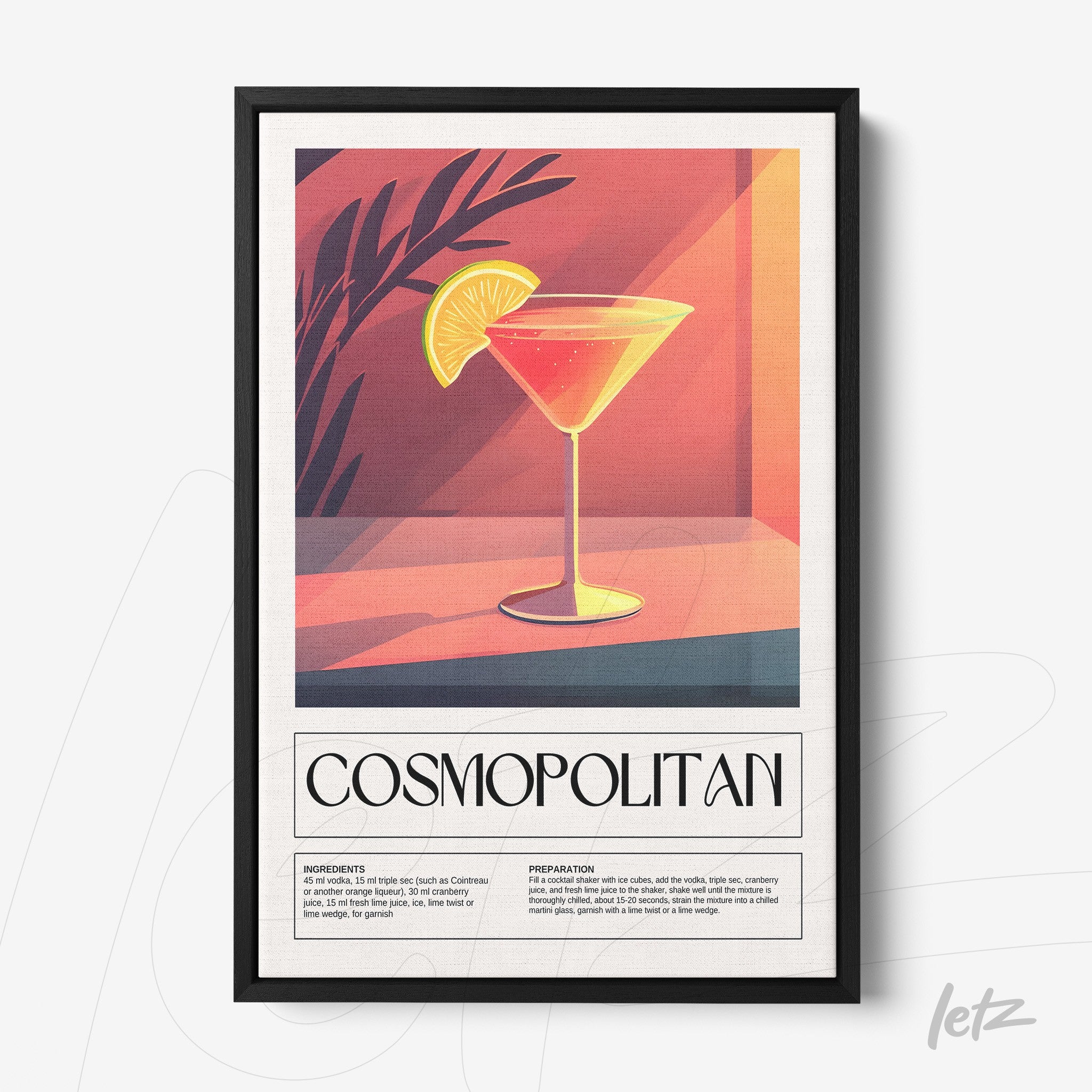 framed graphic art of cosmopolitan cocktail in black frame with orange background and plant details
