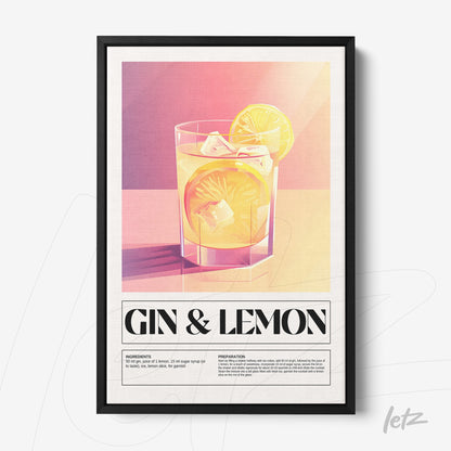 framed artwork featuring gin and lemon cocktail illustration in black frame, with colorful gradient background in shades of pink and yellow