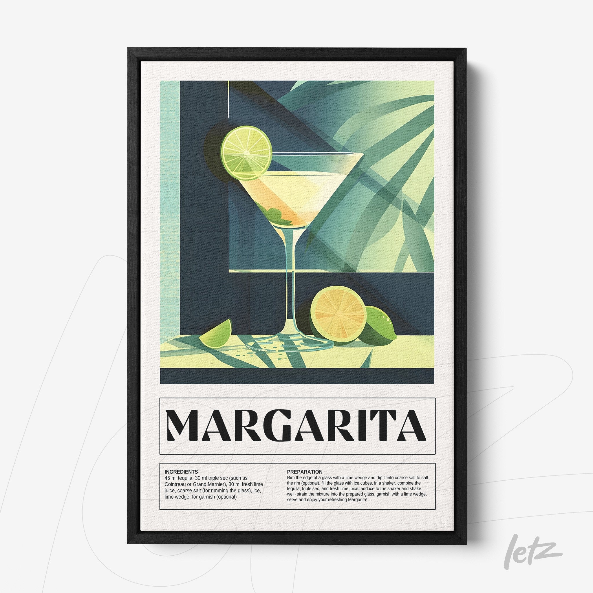 framed artwork depicting a margarita cocktail with sliced limes in a black frame