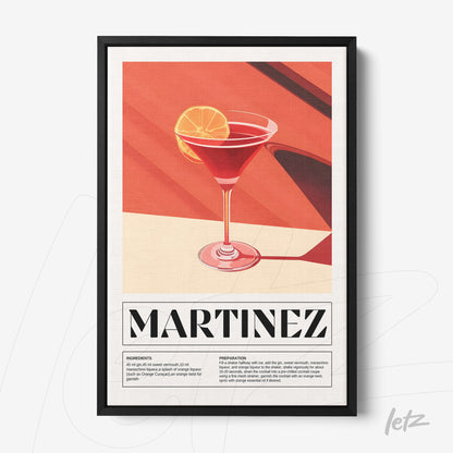 framed artwork featuring a stylized martinez cocktail on a red background with black frame