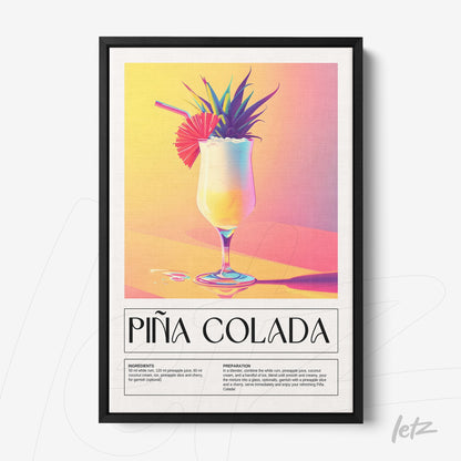 retro style framed art of piña colada cocktail with thin black frame