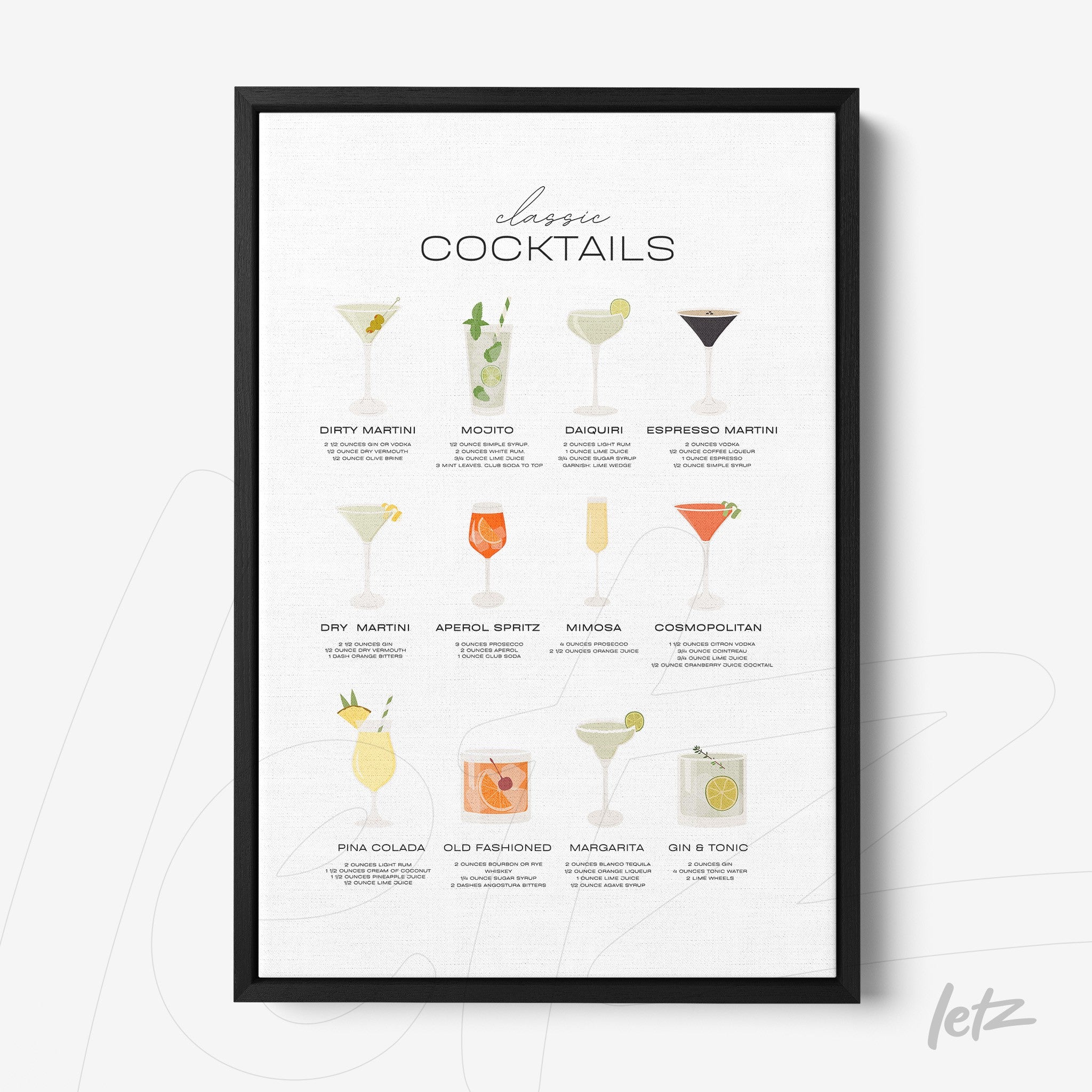 framed wall art featuring illustrations of classic cocktails with a black frame and light background
