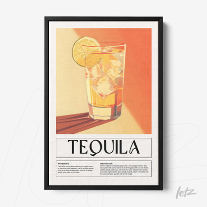 vintage style framed artwork featuring a tequila cocktail with a black frame, orange and yellow background