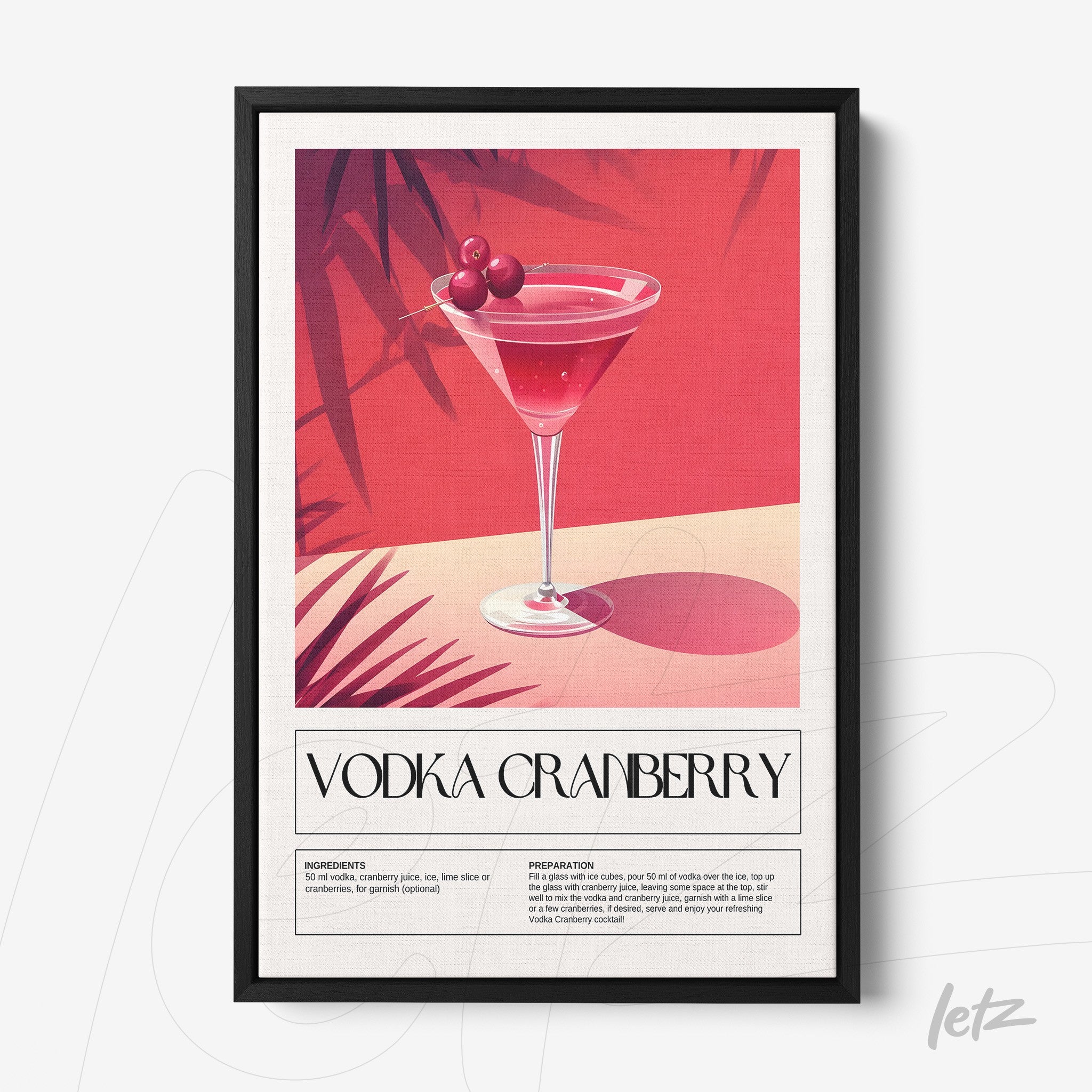 vintage style framed art of a vodka cranberry cocktail on a pink background