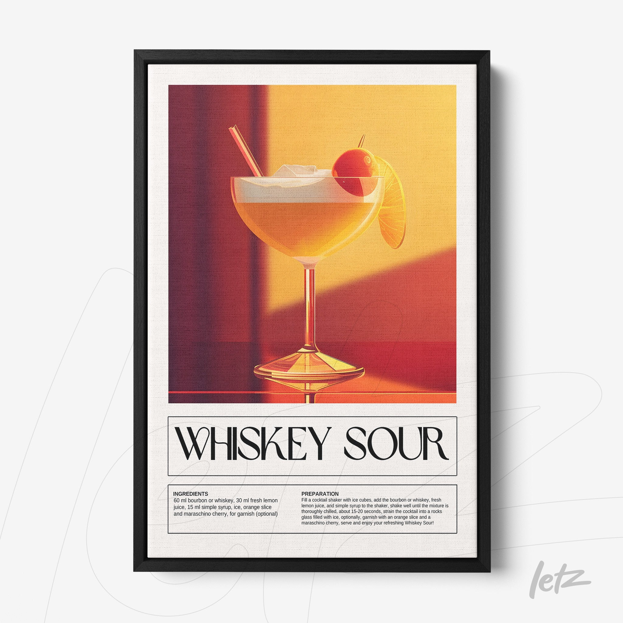 vintage style framed art of whiskey sour cocktail with black frame and yellow background