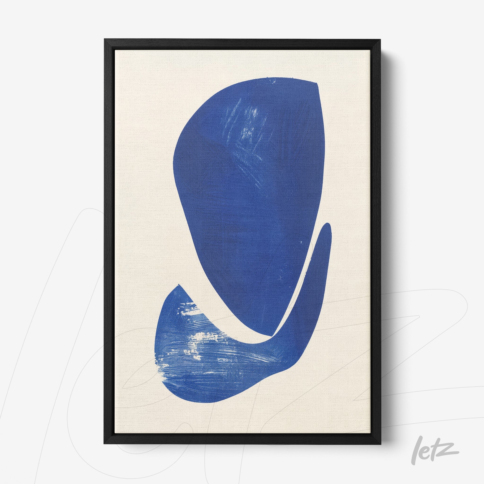 modern art piece in blue tones on light background with black frame
