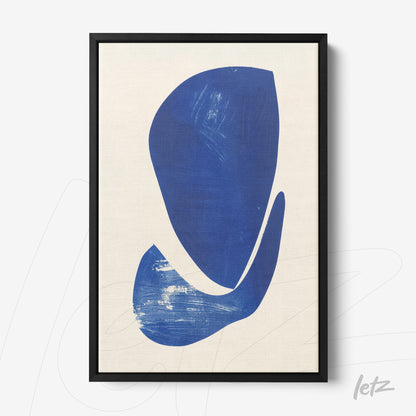 modern art piece in blue tones on light background with black frame