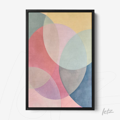 abstract wall art featuring colorful overlapping circles in black frame