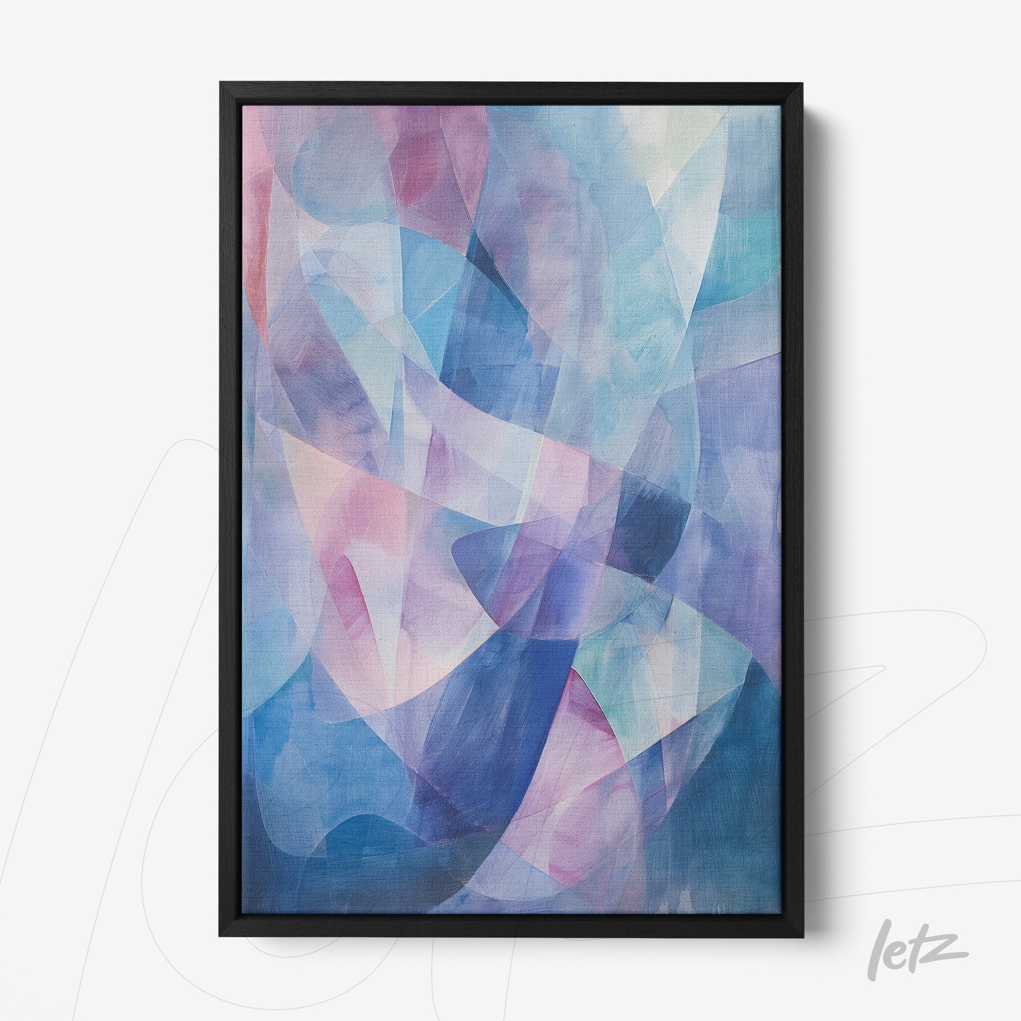 framed abstract art piece in shades of blue and pink