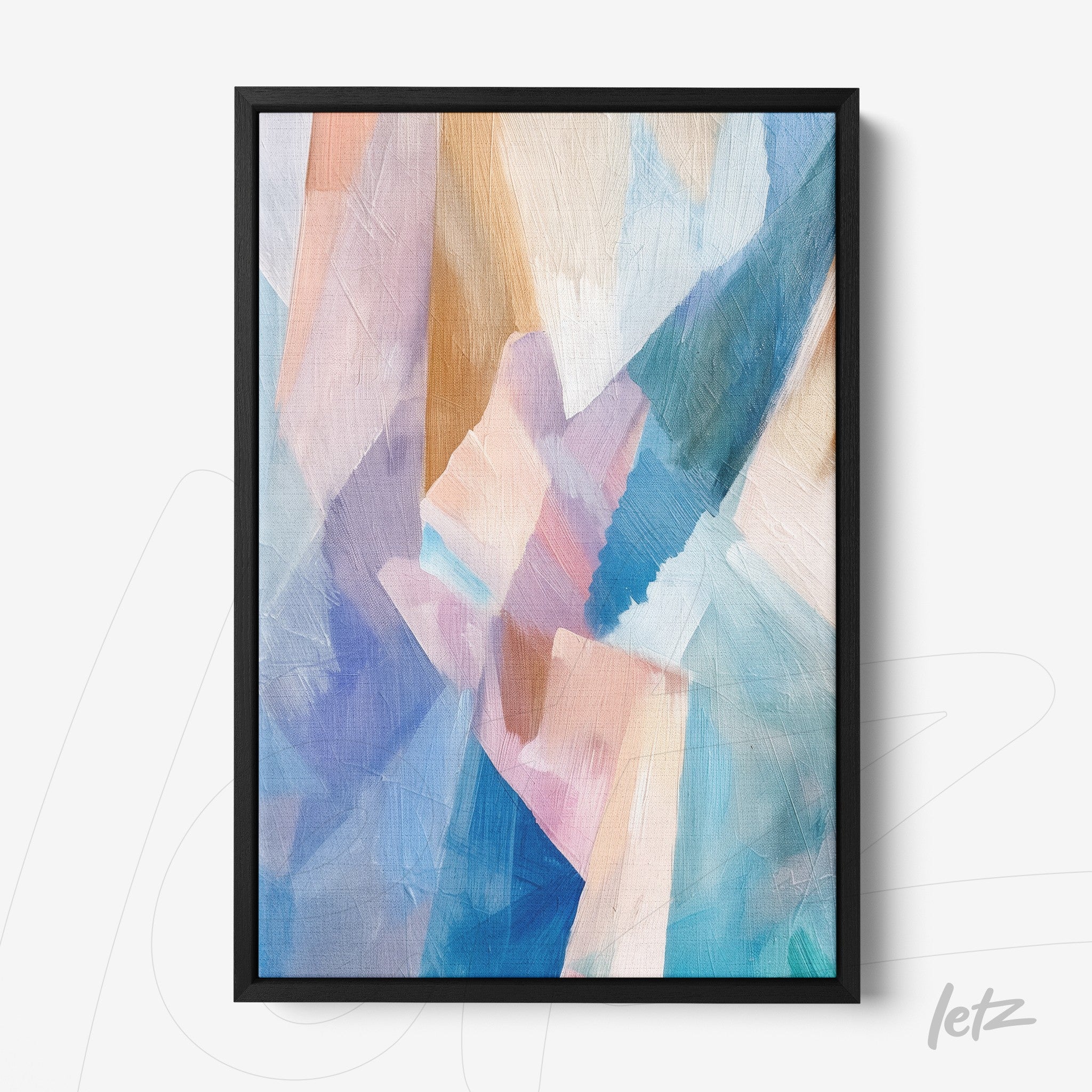 framed abstract artwork in shades of blue, pink, and beige with a black frame