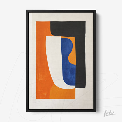 abstract wall art featuring vibrant geometric shapes in shades of orange, blue, and black within a black frame