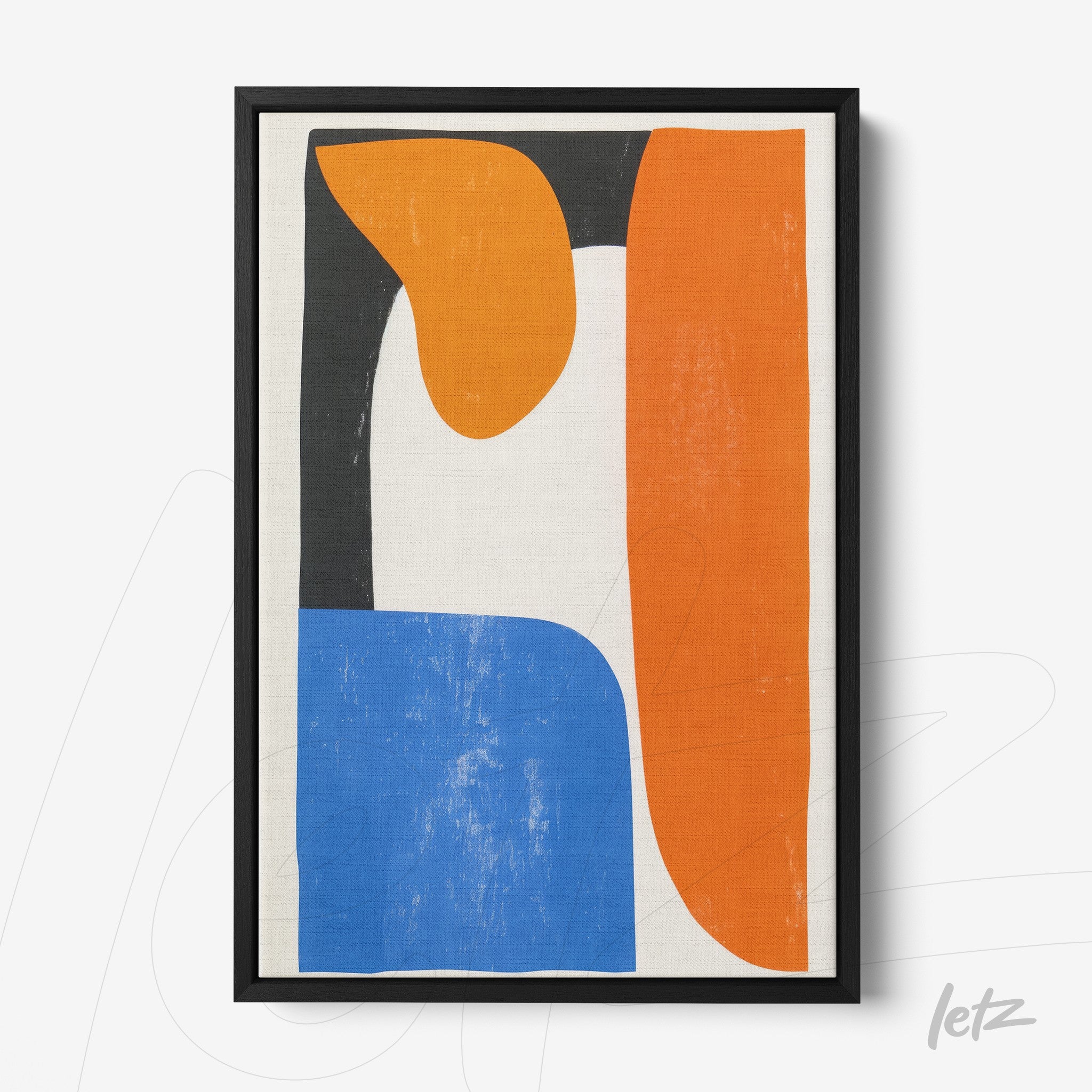 framed wall art featuring abstract design with geometric shapes in orange, blue, and black, surrounded by a black frame