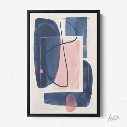 framed artwork featuring abstract shapes in shades of blue and pink with a thin black frame